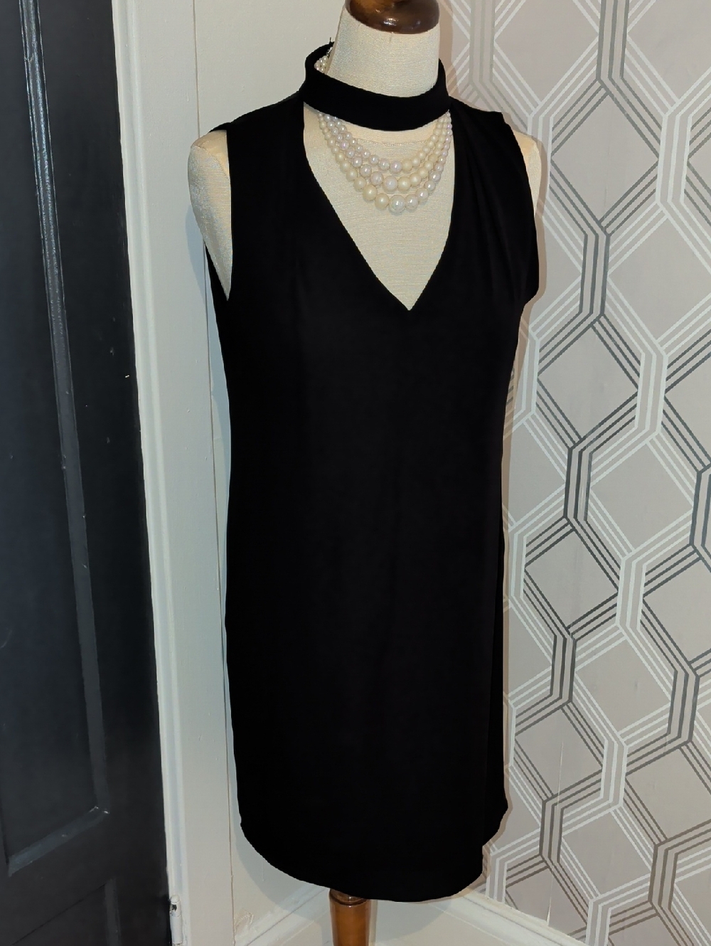 White House Black Market Black Sleeveless V-Neck Choker Midi Dress